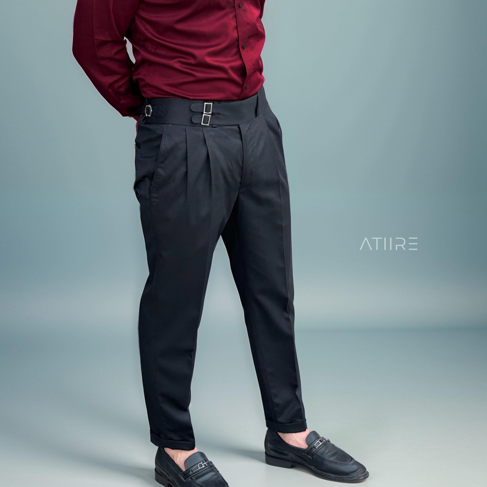 BLACK DOUBLE PLEATED BUCKLE GURKHA PANTS BY ATIIRE