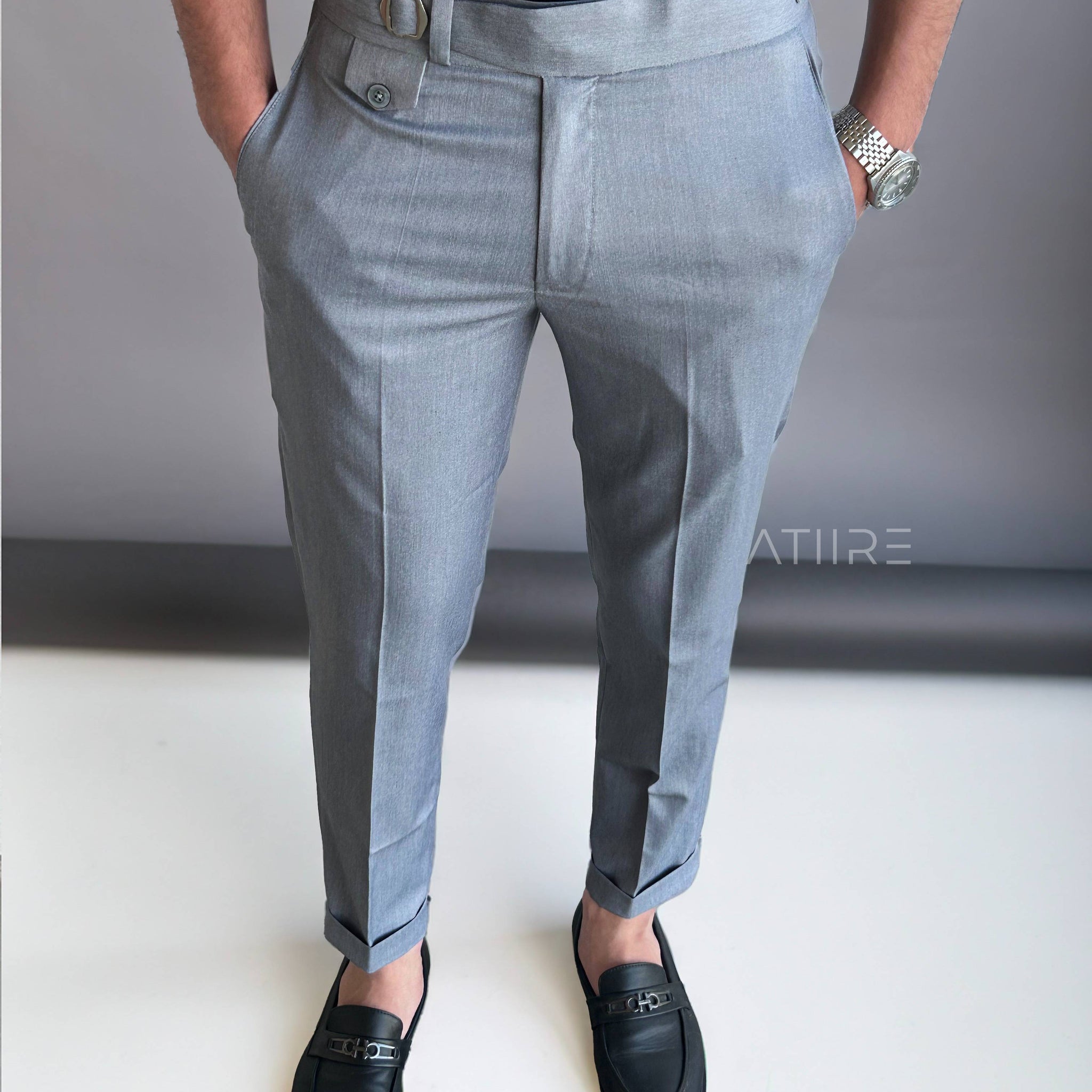 ASH GREY SINGLE PLEATED BUCKLE GURKHA PANTS BY ATIIRE